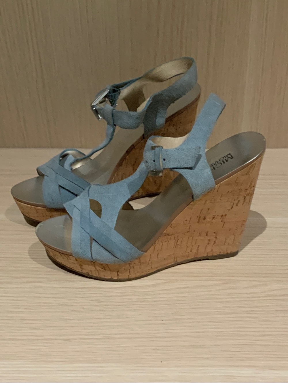 MICHAEL Michael Kors Light Blue Suede Cork Wedge Sandals - Picture 6 of 6